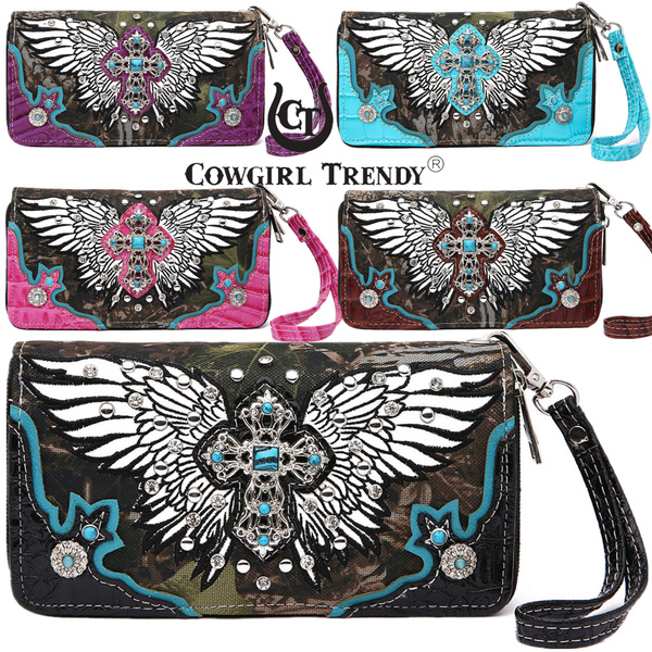 Western Two-Toned Tooled Leather Purse with Rhinestone Cross Pink – Wild  West Living